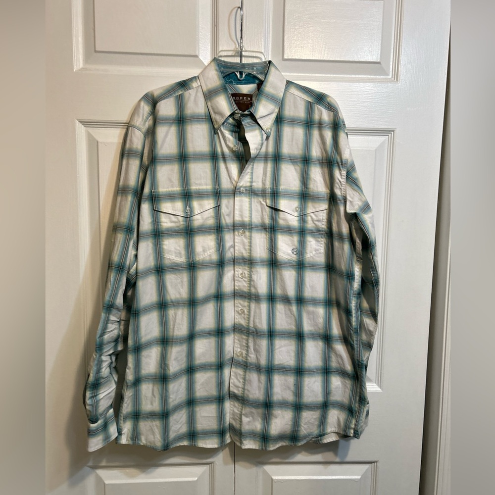 Roper Men’s Size M Medium Shirt Blue White Plaid Rodeo Cowboy Western Long Slv